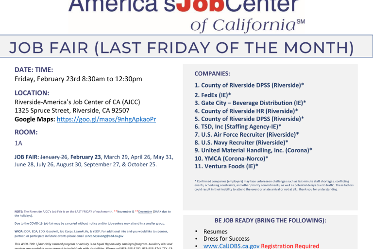 Riverside AJCC JOB FAIR Riverside County Workforce Development